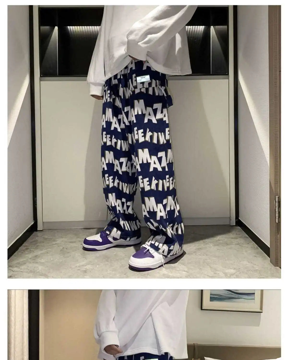 Letter wide-leg pants for men and women in autumn and winter plus velvet high-waisted loose long and short straight pants tops Street King Limited