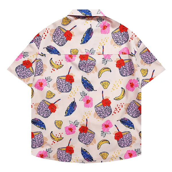 Men's Summer Short Sleeve Printed Shirt Tropical Leaf Fruit Pattern Stylish Harajuku Blouse Holiday Beach Style Tops Unisex New Street King Limited