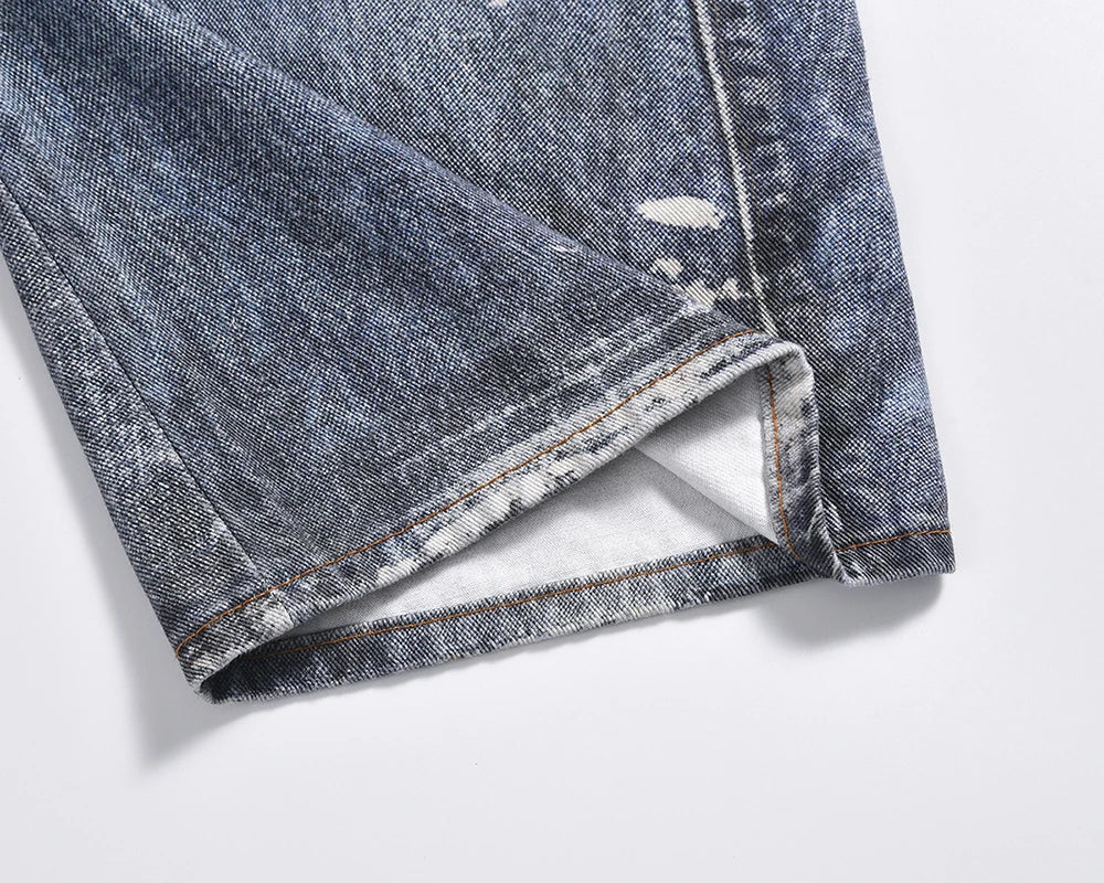 high street chain print frayed washed baggy jeans for men and women y2k casual loose denim trousers ropa hombre casual pants unique jeans style 410