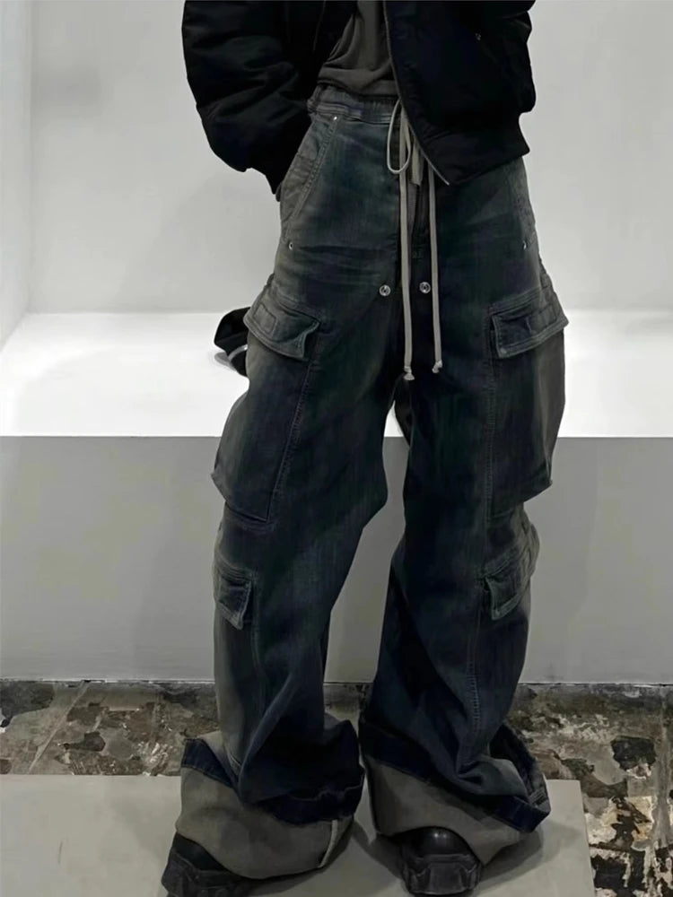 fashion denim baggy cargo jean pants men hip hop elastic waist wide legs retro washed jeans side pocket streetwear jeans joggers unique joggers style 3480