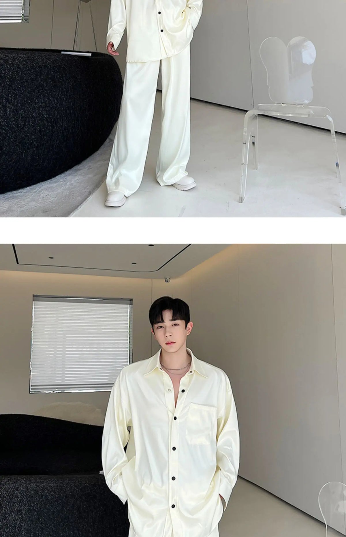 men silk style streetwear fashion loose casual long sleeve shirts pants 2 pieces sets male vintage suits blouses trousers unique default style 2749