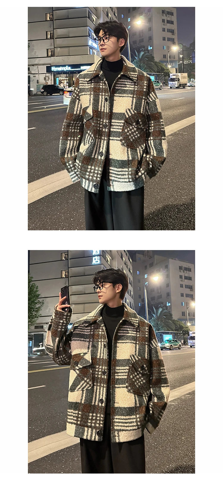 autumn winter campus boy plaid woolen coat men streetwear fashion loose casual retro thick jacket man bomber coat outerwear unique default style 946