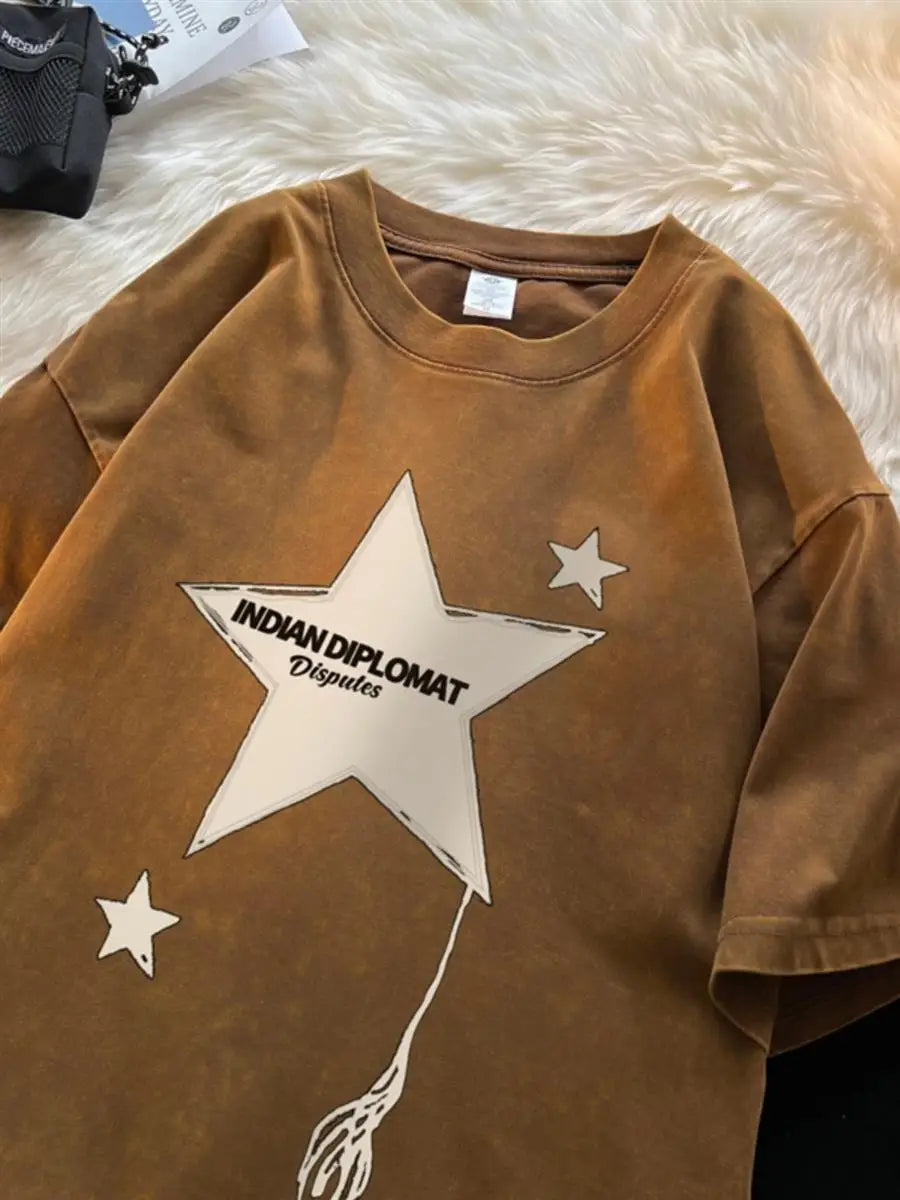 Five-pointed star American washed distressed short-sleeved T-shirt for men in summer loose heavyweight T-shirt trendy y2k tops Street King Limited