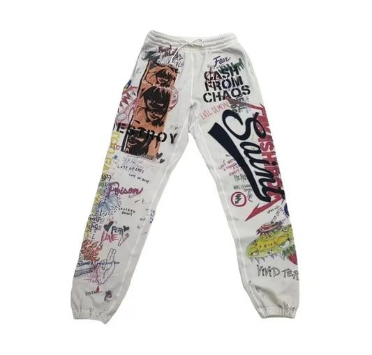 24ss vintage retro graffiti washed worn cotton high street long pants leggings relaxed fit trousers