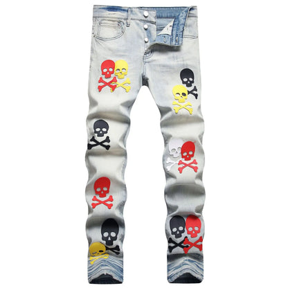 2023 brand new patch light skull head bone chemist tie dyed jeans cotton denim pants comfort casual skinny jeans 32 44 266 unique jeans style 5647
