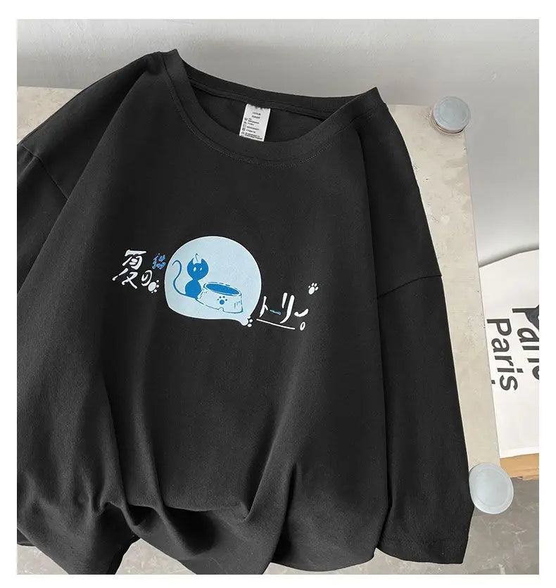 Korean style fun cat print men short-sleeved T-shirt new lazy style y2k simple casual versatile salt loose half-sleeved T-shirt Street King Limited
