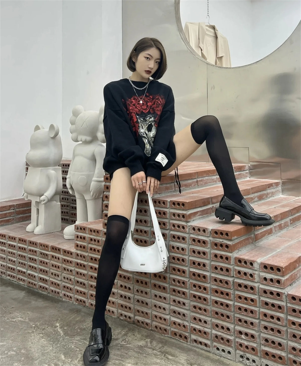Vintage New Arrival SSSAINT LOUIS Rose Skull Hand-painted High-Street Cotton Casual Pullover Round Neck Sweater Street King Limited