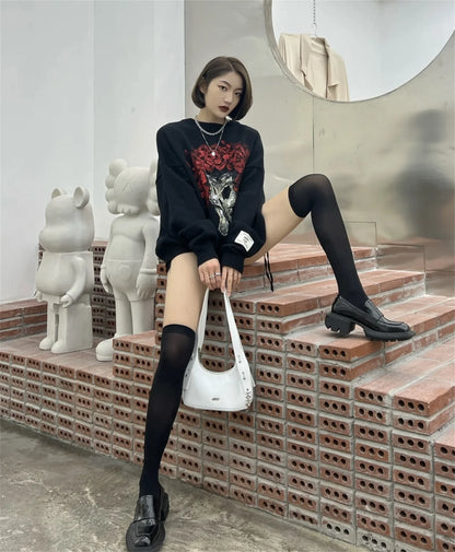 Vintage New Arrival SSSAINT LOUIS Rose Skull Hand-painted High-Street Cotton Casual Pullover Round Neck Sweater Street King Limited