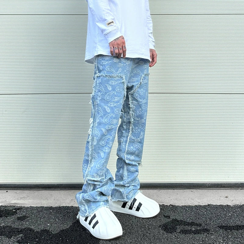 vintage high street washed light blue flared jeans cashew flower jacquard pattern rough edge jeans pants for men and women unique jeans style 912