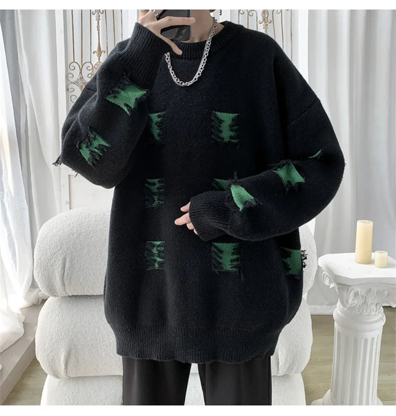 2025 New Ripped Design Crewneck Sweater For Men High Street Patchwork Knitted Jumpers Y2K Vintage Christmas Knitwear Pullovers Street King Limited