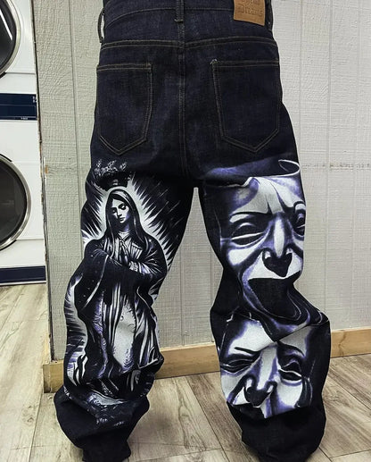 harajuku retro y2k pants gothic skateboard jeans skull denim print loose slouchy jeans men women pants streetwear hip hop jeans unique jeans style 3995