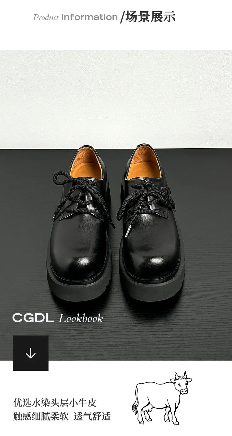 Men High Quality Genuine Leather Streetwear Fashion Casual Hip Hop Derby Shoes Cow Leather Rubber Foam Sole High Heels Shoes Street King Limited