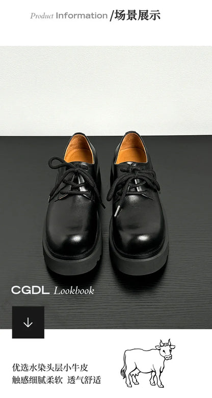 Men High Quality Genuine Leather Streetwear Fashion Casual Hip Hop Derby Shoes Cow Leather Rubber Foam Sole High Heels Shoes Street King Limited