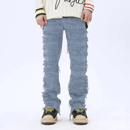 tassel hole spliced european and american straight leg denim pants new popular patch jeans mens wear unique jeans style 301