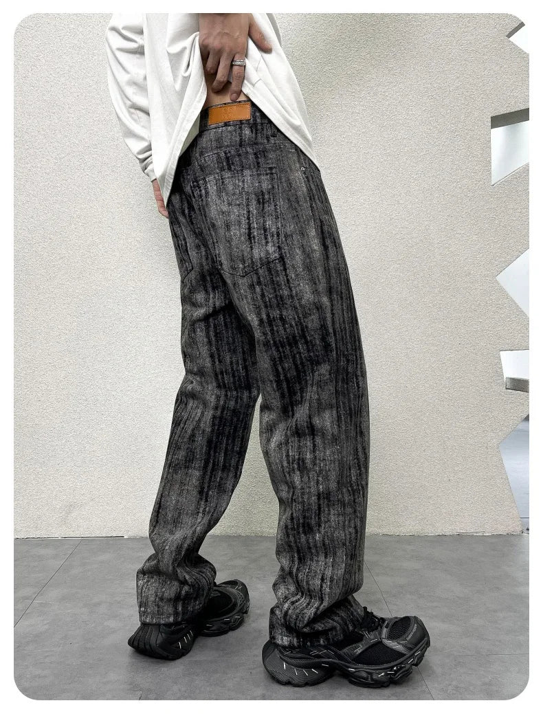 mens streetwear fashion hip hop vibe casual retro tie dyed denim pant jeans cityboy black gray straight jeans trousers unique jeans style 2961