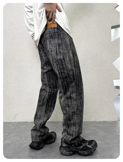 mens streetwear fashion hip hop vibe casual retro tie dyed denim pant jeans cityboy black gray straight jeans trousers unique jeans style 2961