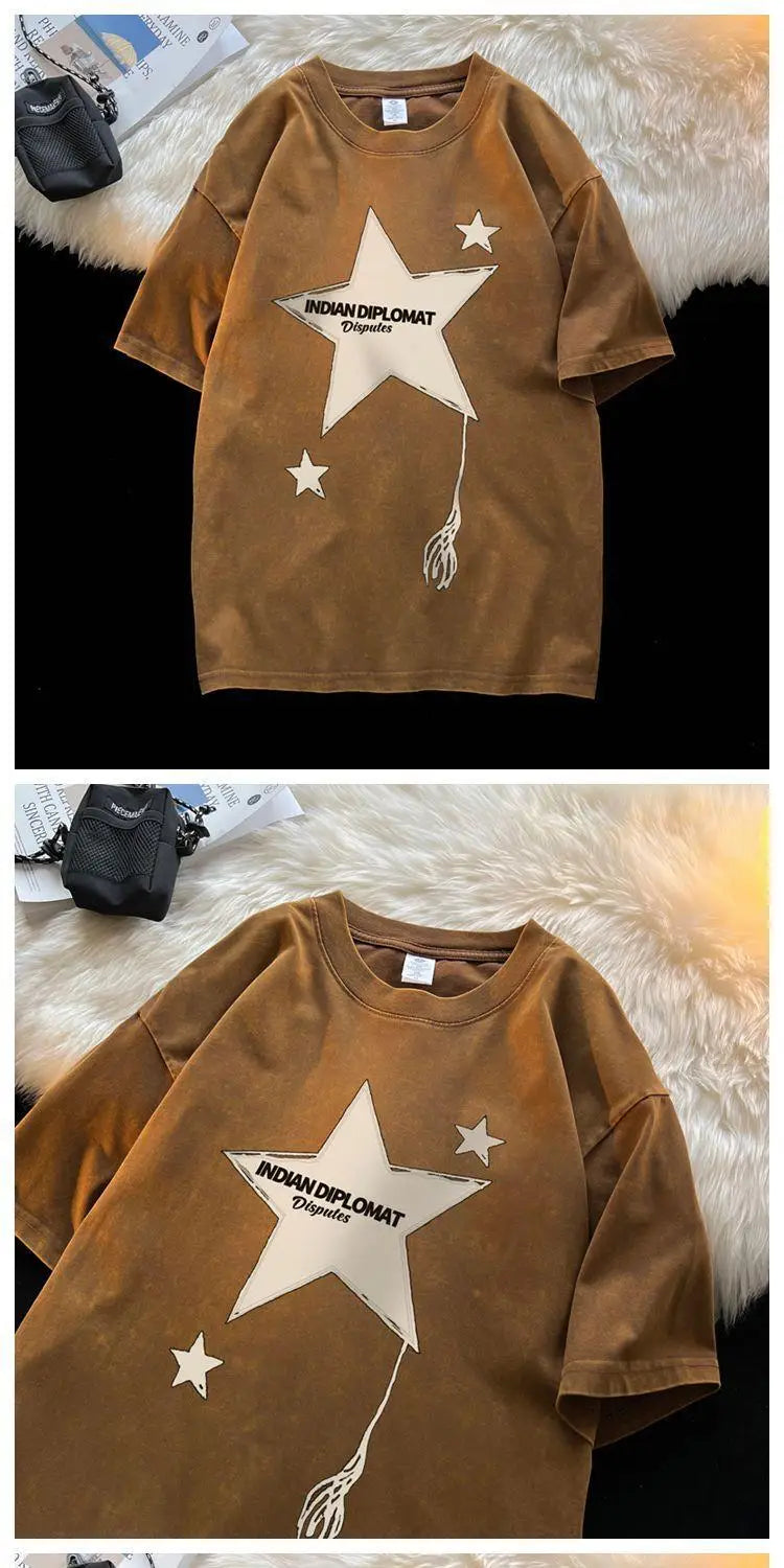 Five-pointed star American washed distressed short-sleeved T-shirt for men in summer loose heavyweight T-shirt trendy y2k tops Street King Limited