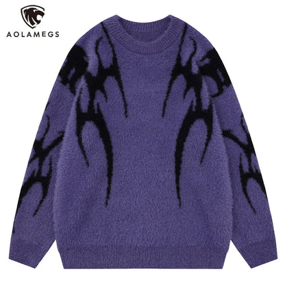 Men Sweater Harajuku High Street Winter Warm Knitted Coat Oversized Thorn Pattern Top Loose Gothic Punk Pullover Street King Limited
