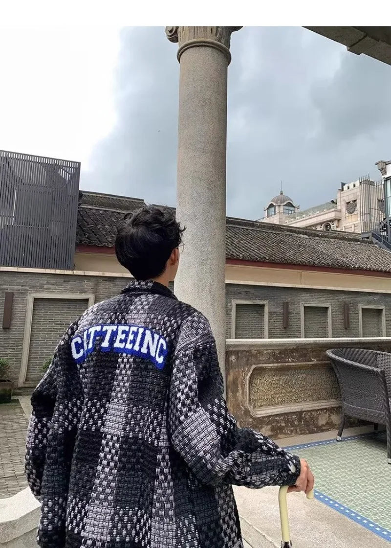 high street lattice mens jackets woven fabric single breasted loose harajuku shirt coats letter embroidered casual male tops unique default style 1812