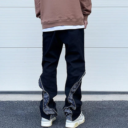 Curve Zipper Cashew Print Patchwork Jeans for Men Straight Black White Y2K Streetwear Casual Baggy Denim Trousers Oversized Street King Limited