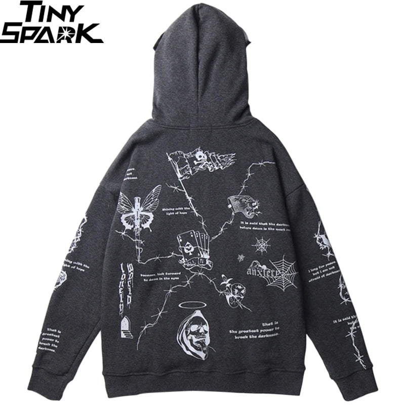 2023 Hip Hop Hoodie Sweatshirt Men Streetwear Skull Graffiti Print Hoodie Pullover Cotton Autumn Grey Harajuku Punk Clothes New Street King Limited