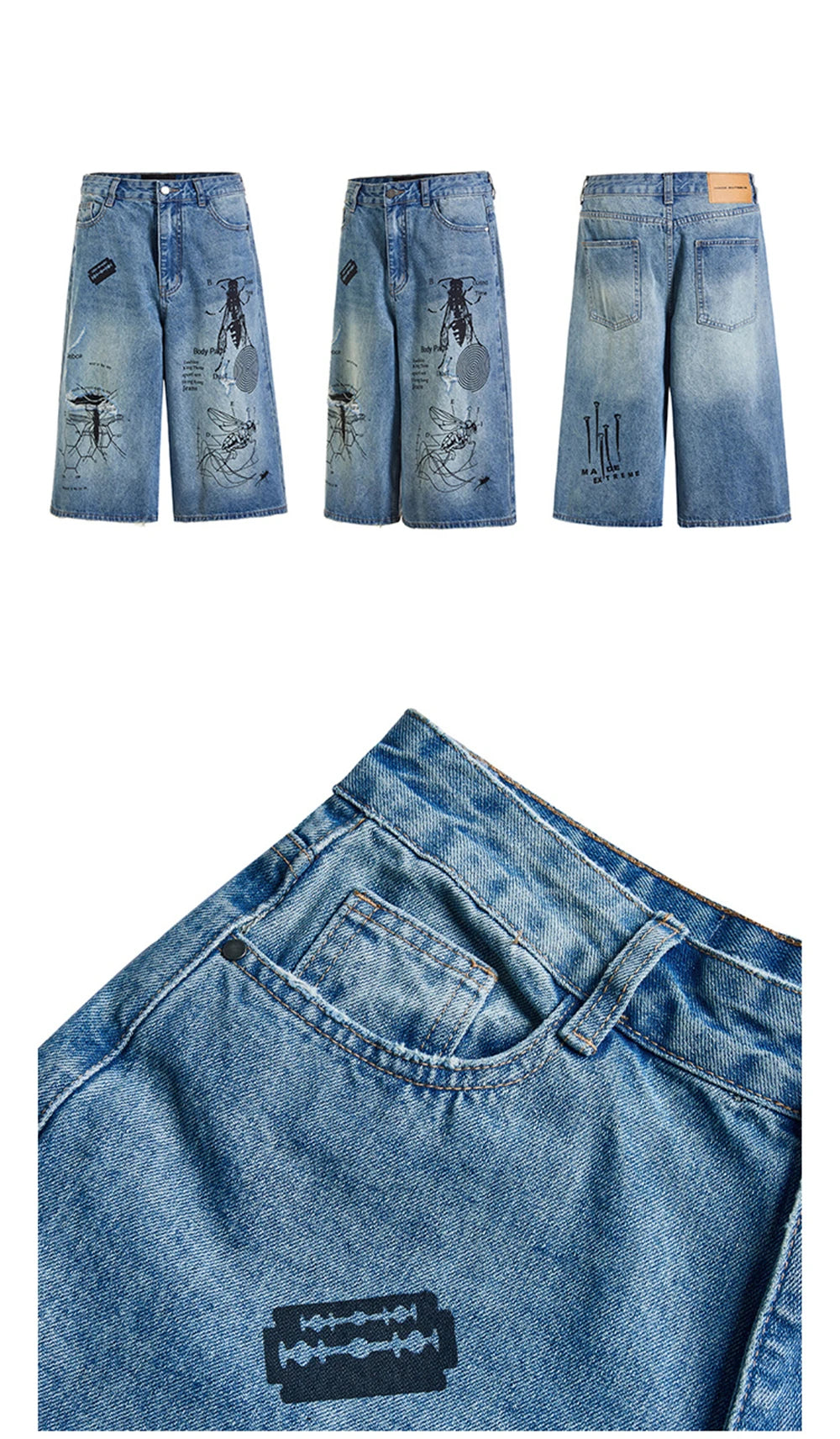 Men's Ripped Denim Shorts 2024 Summer Fashion Graffiti Insect Patterned Jeans Shorts Harajuku Streetwear Short Pants Y2K Street King Limited