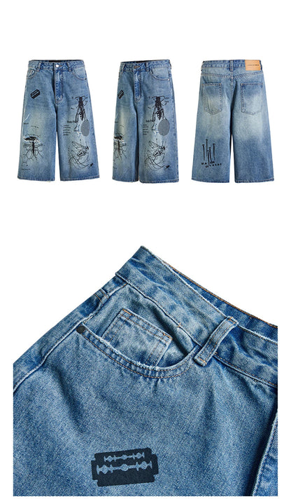 Men's Ripped Denim Shorts 2024 Summer Fashion Graffiti Insect Patterned Jeans Shorts Harajuku Streetwear Short Pants Y2K Street King Limited