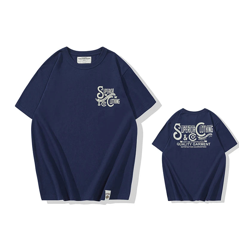 Vintage Amekaji Letter Printed T-shirt Men 2022 Spring Summer New Round Neck Short Sleeve Motorcycle T Shirt Cotton Tees Street King Limited