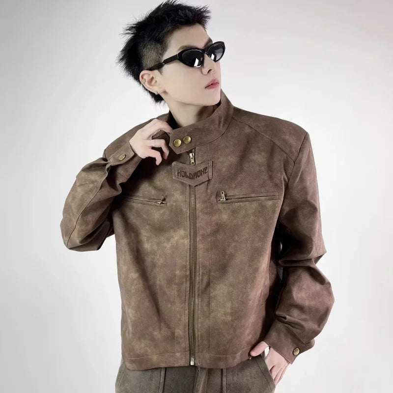 retro motorcycle pu leather jacket mens brown coffee short punk stand collar bomber coats spring high street racing suit new casual urban shorts