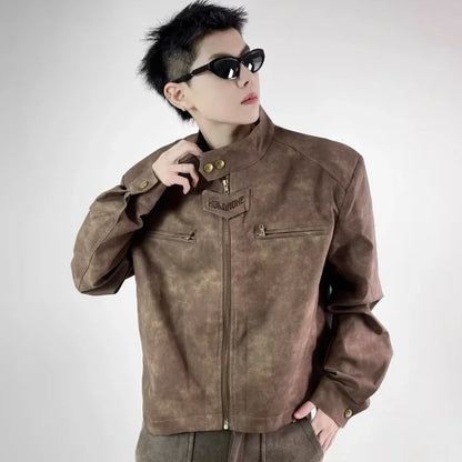 retro motorcycle pu leather jacket mens brown coffee short punk stand collar bomber coats spring high street racing suit new casual urban shorts