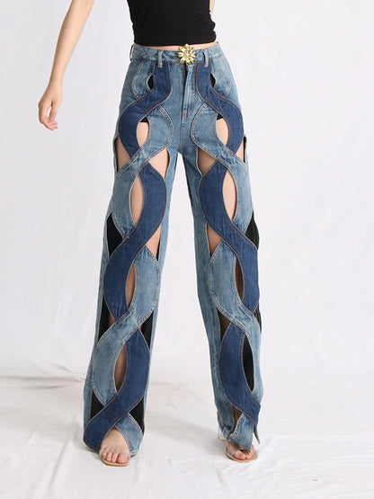 womens hollow jeans spring trend personality high waist zipper casual wide leg pants fashion casual clothing y2k pants jeans unique jeans style 60