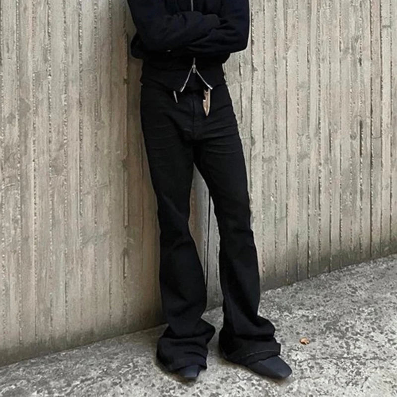 RO Style Ribbons slightly Stretch Baggy Flared Jeans for Men High Street Black Color Boom Cut Oversized Casual Denim Trousers Street King Limited