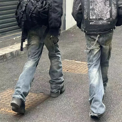 Streetwear Handmade Mud Dyed Dirty Blue Baggy Jeans for Men Distressed Hole Casual Patchwork Denim Trousers Oversized Street King Limited