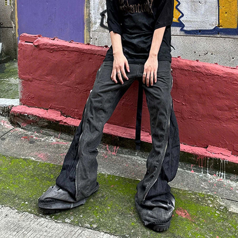 ro style spiral long zipper straight baggy jeans for men and women streetwear y2k pantalones hombre casual denim trousers unique jeans style 3400