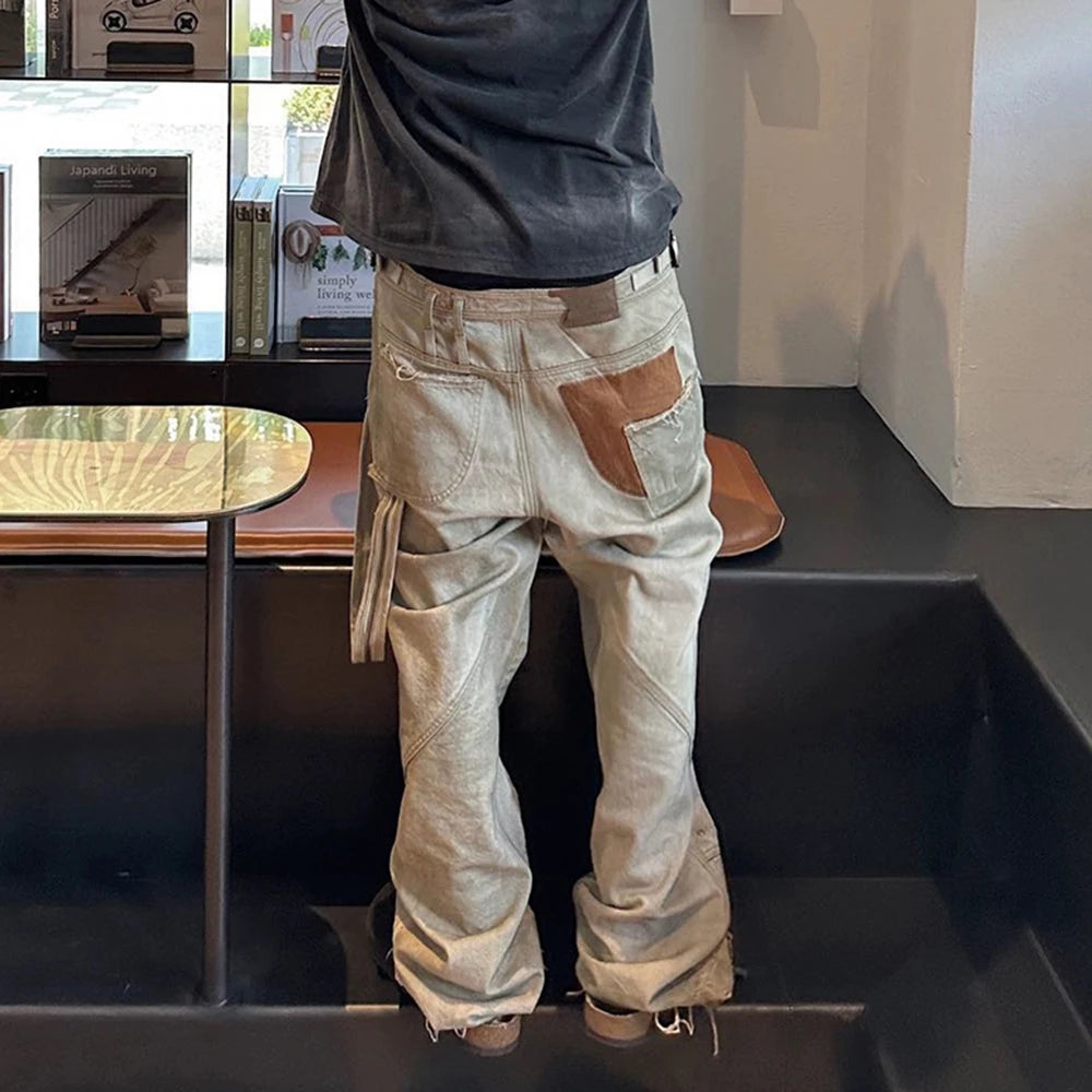 streetwear washed vintage ribbons logging jeans pants mens straight ropa hombre baggy cargos oversized loose denim overalls combat utility trousers