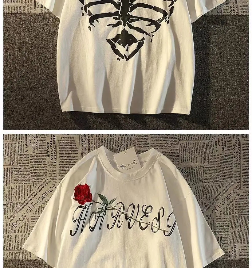 Pure cotton American retro dark skeleton short-sleeved T-shirts for men and women summer ins loose street style couple y2k tops Street King Limited