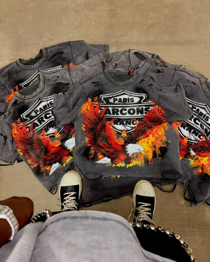 Y2k American High Street Fashion Brand Washed Short-sleeved Women Flame Eagle Print Oversized T-shirt Harajuku Hip-hop Tops Men Street King Limited