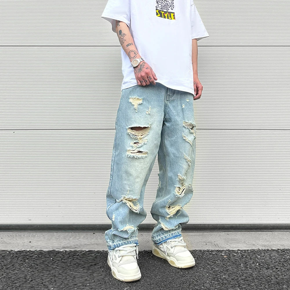 washed blue oversized torn jeans for men streetwear hip hop large destroyed wide leg jeans baggy straight ripped denim pants stacked flare jeans