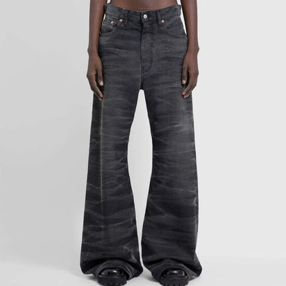 streetwear washed water wave patterned micro flared jeans for men straight pantalones hombre casual baggy denim trousers unique jeans style 4409
