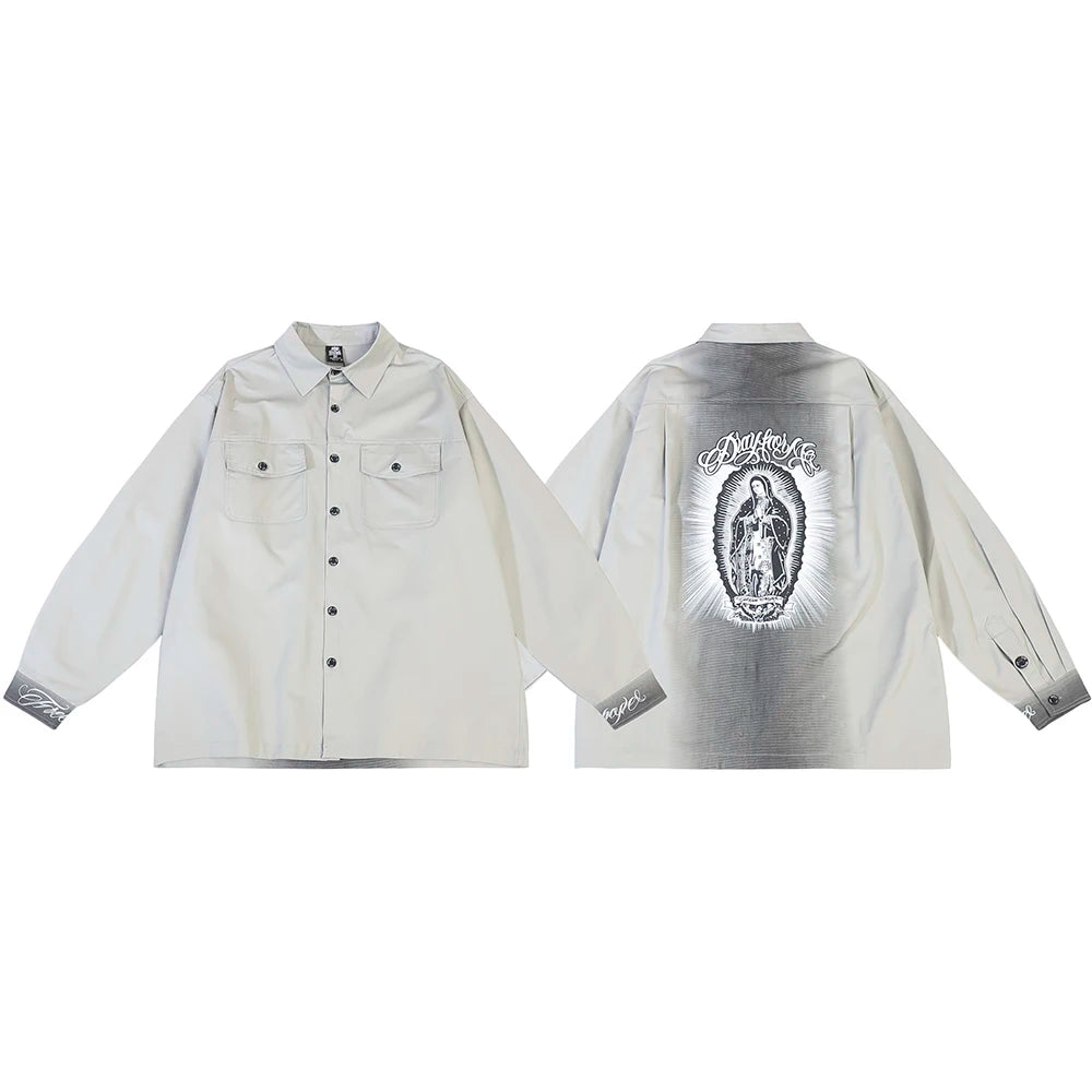 Back Characater Letter Print Washed Autumn Shirts for Men Lapel High Street Baggy Y2k Camisas Oversized Long Sleeve Blouses Street King Limited