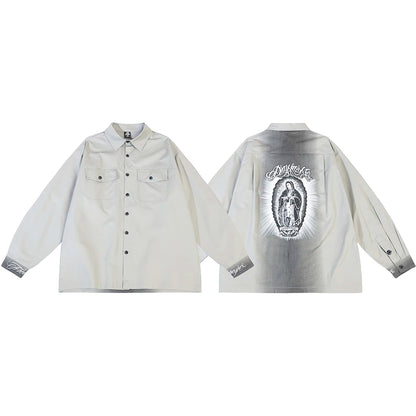 Back Characater Letter Print Washed Autumn Shirts for Men Lapel High Street Baggy Y2k Camisas Oversized Long Sleeve Blouses Street King Limited