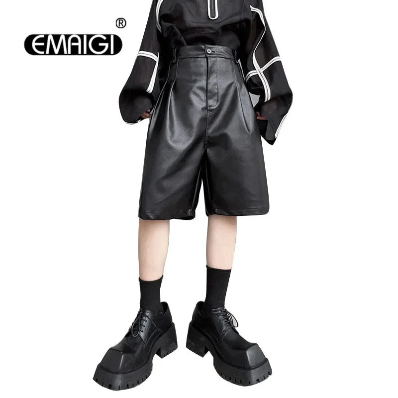 men japanses korean streetwear fashion hip hop loose casual dark black wide leg leather shorts male short pant drawstring street shorts