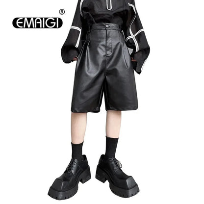 men japanses korean streetwear fashion hip hop loose casual dark black wide leg leather shorts male short pant drawstring street shorts