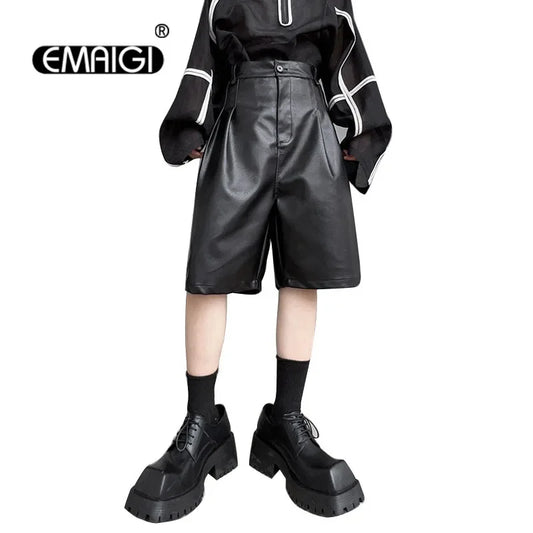 men japanses korean streetwear fashion hip hop loose casual dark black wide leg leather shorts male short pant drawstring street shorts