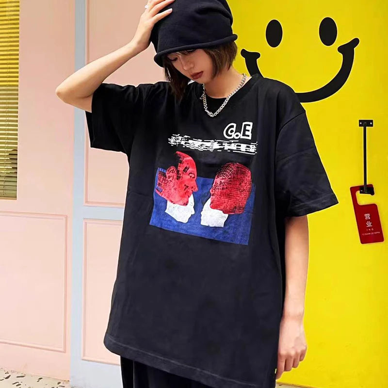 C.E T-shirts Men Woman Good Quality Cotton Casual Loose Vintage Abstract Face Printing Summer O-Neck CAVEMPT Top Tee Street King Limited