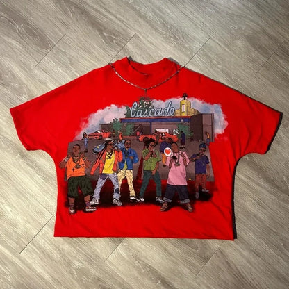 American Fashion Trend Big Head Cartoon Print Pattern T-Shirt Women's Retro Casual Loose Versatile Round Neck Short Sleeve Top Street King Limited