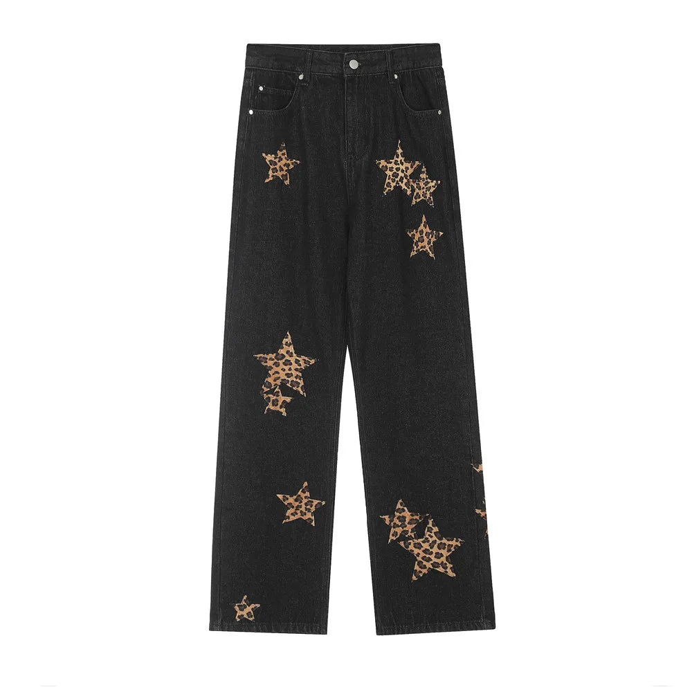 black baggy jeans men star patchwork straight denim pants fashion jeans male streetwear hip hop y2k loose trousers stacked flare jeans