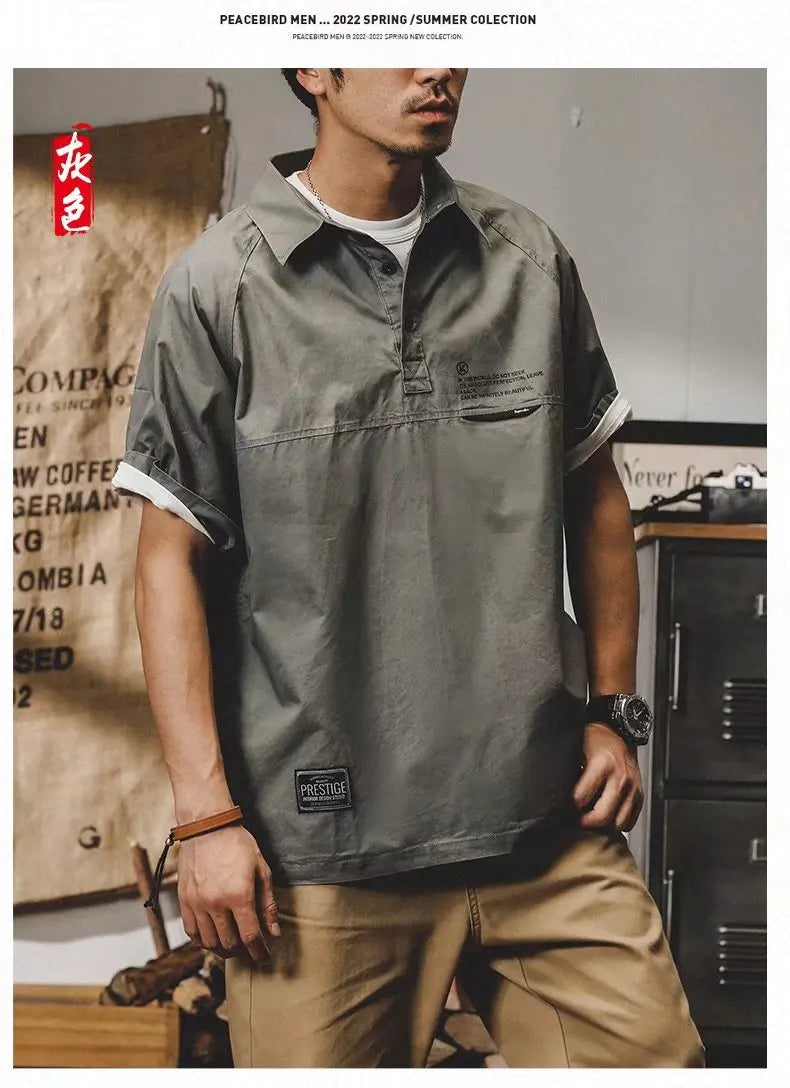 American Vintage Short-Sleeved T-Shirt Men's Summer Vintage Workwear Polo Shirt Loose And Versatile Five-Quarter Sleeve Top Street King Limited