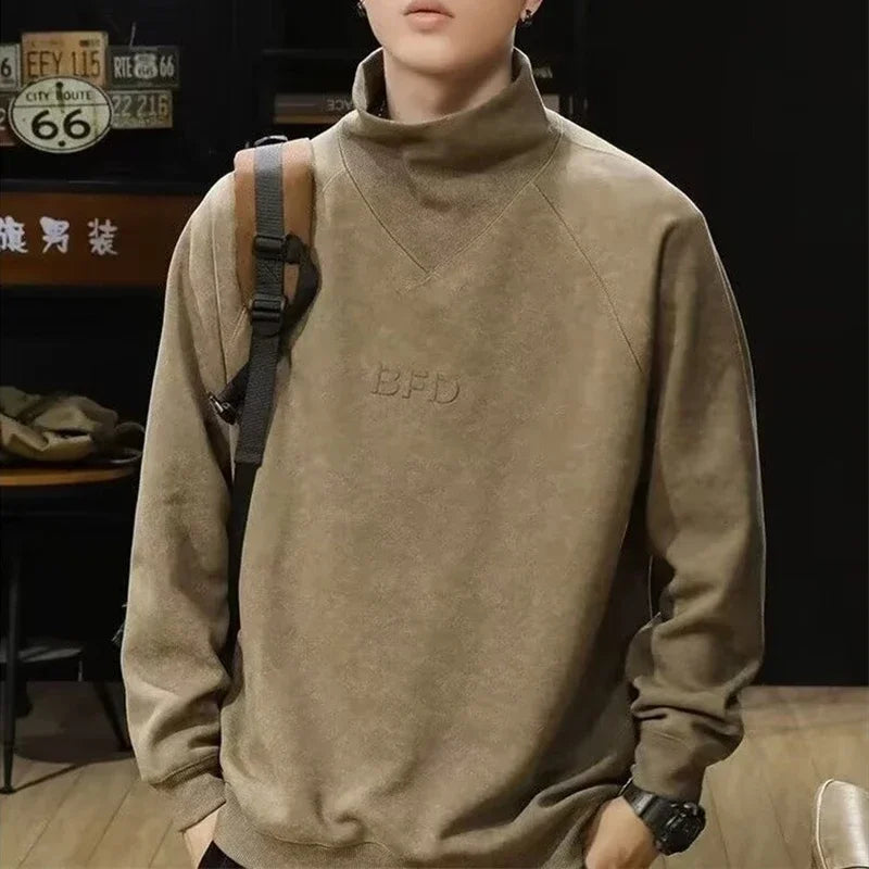 Autumn Suede Turtleneck Long Sleeve Sweatshirts Men Letter Foam Print Patchwork Crewneck Pullover Hoodie Y2K Streetwear Clothes Street King Limited