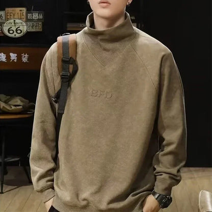 Autumn Suede Turtleneck Long Sleeve Sweatshirts Men Letter Foam Print Patchwork Crewneck Pullover Hoodie Y2K Streetwear Clothes Street King Limited